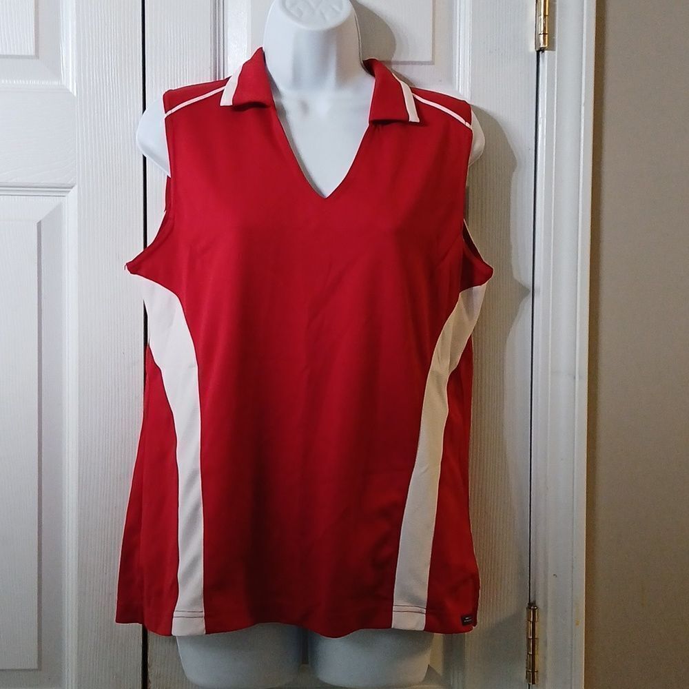 Pro celebrity red white sleevless polo shirt top Sz L